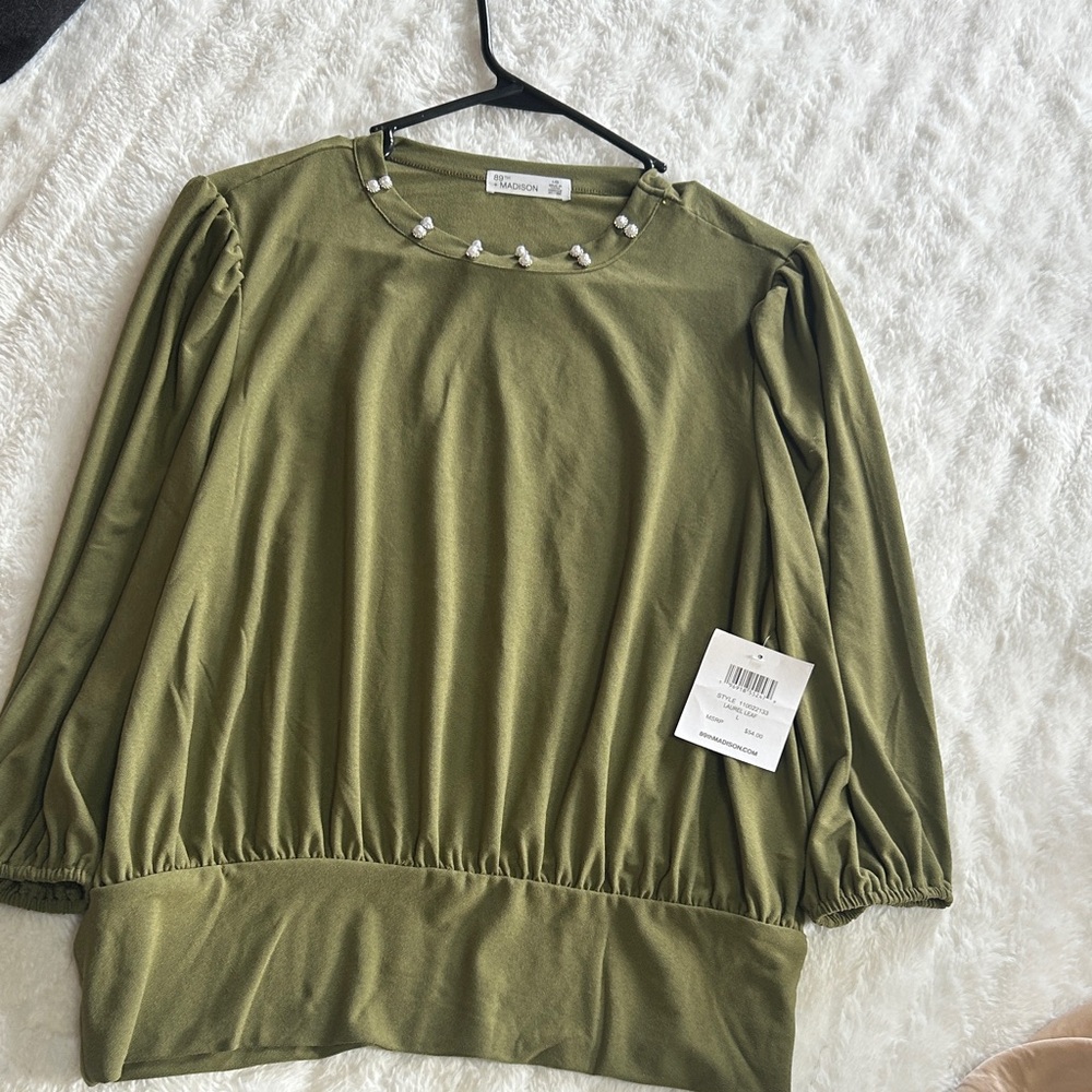 A New Day Olive Green Blouse with Pearl Accents